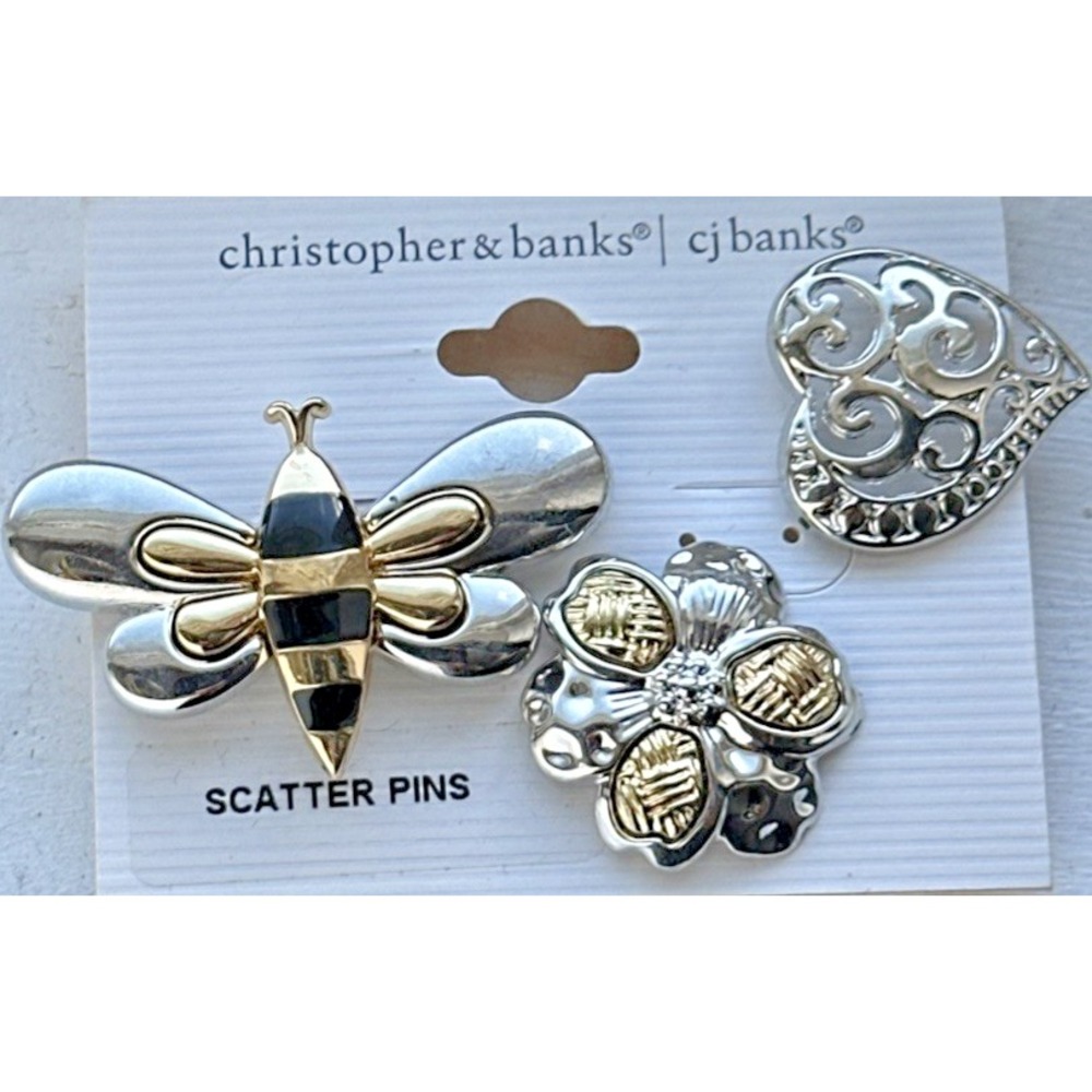 Christopher & Banks Scatter Pins‎ Silvertone & Goldtone Bee Bug Flower Heart